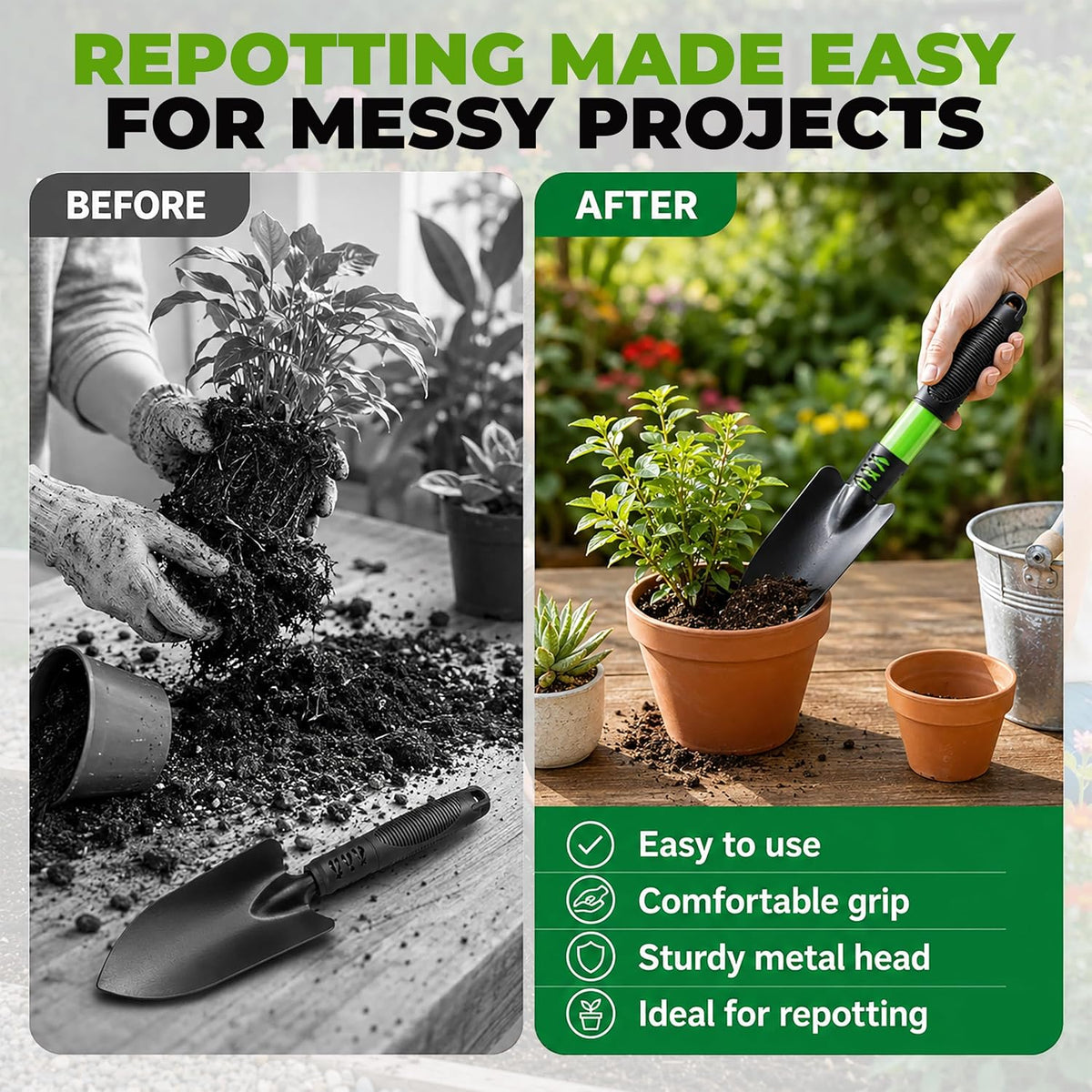 Bloomix Set of 3 Black Stainless Steel Gardening Tools Set Heavy Duty Hand Trowel, Hand Rake & Hoe Cultivator with Soft-Grip Ergonomic Handles, Durable Garden Tool Kit for Plant Care Black