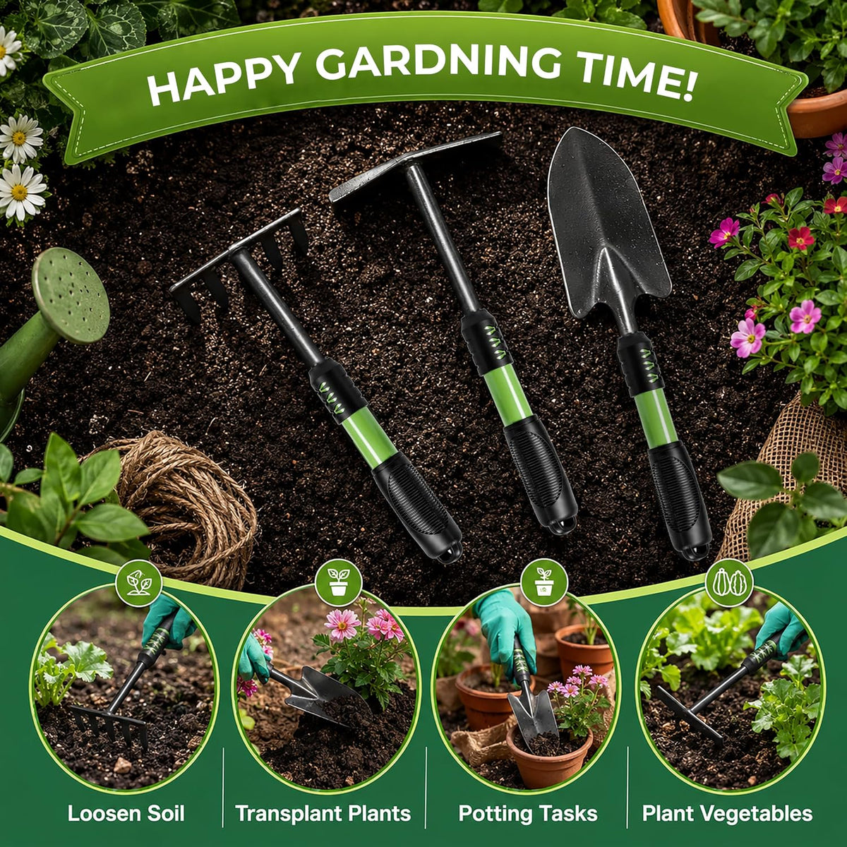 Bloomix Set of 3 Black Stainless Steel Gardening Tools Set Heavy Duty Hand Trowel, Hand Rake & Hoe Cultivator with Soft-Grip Ergonomic Handles, Durable Garden Tool Kit for Plant Care Black